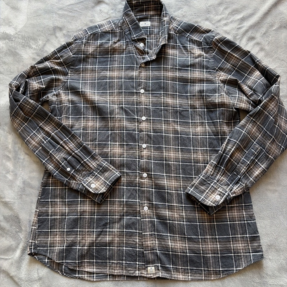 Silvery Sonrisa Luxury Italy Cotton Gray Brown Plaid Stripe Shirt Men's XL